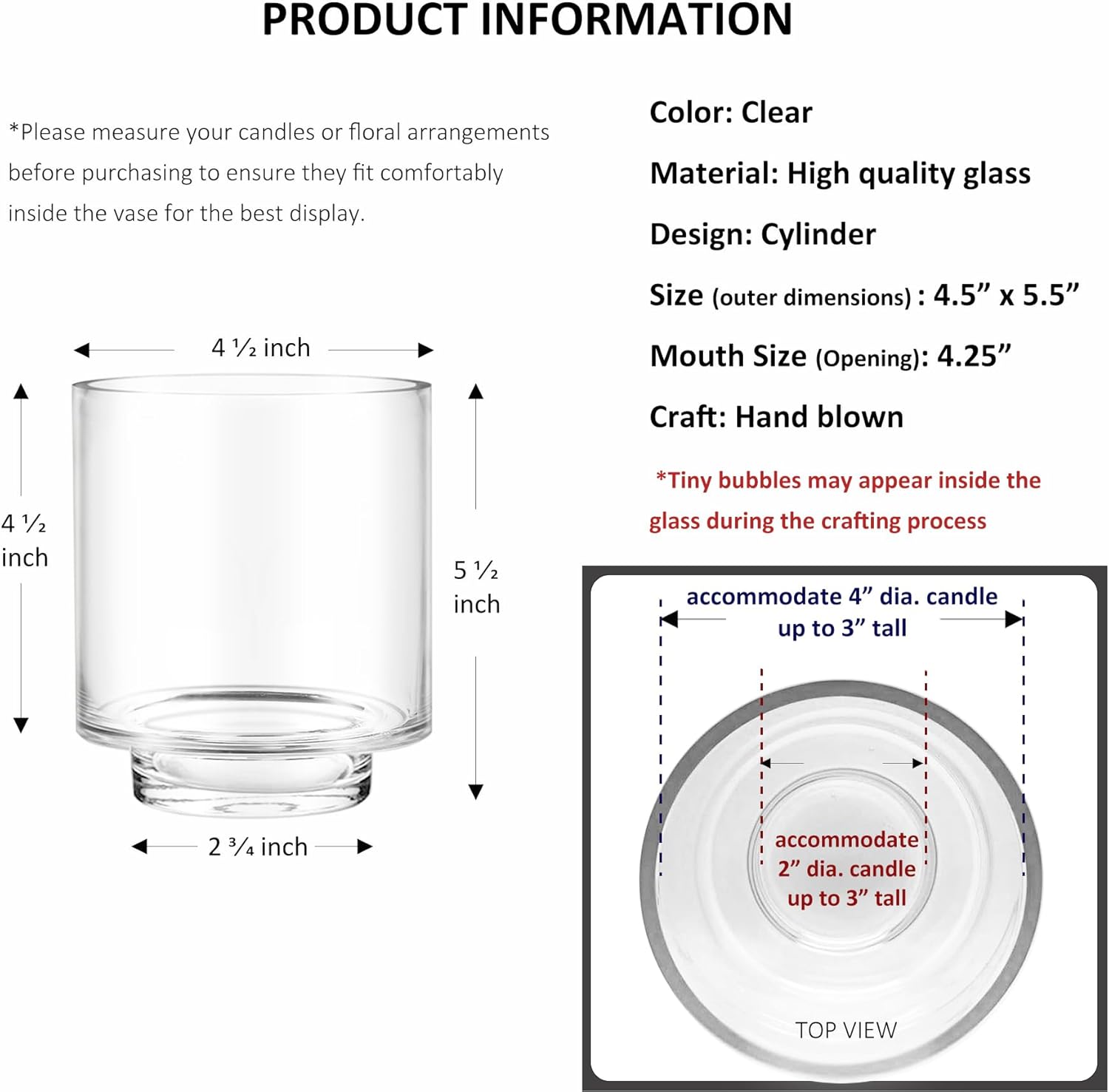 CYS EXCEL Clear Glass Hurricane Candle Holder Vase 55 x 45 Inch