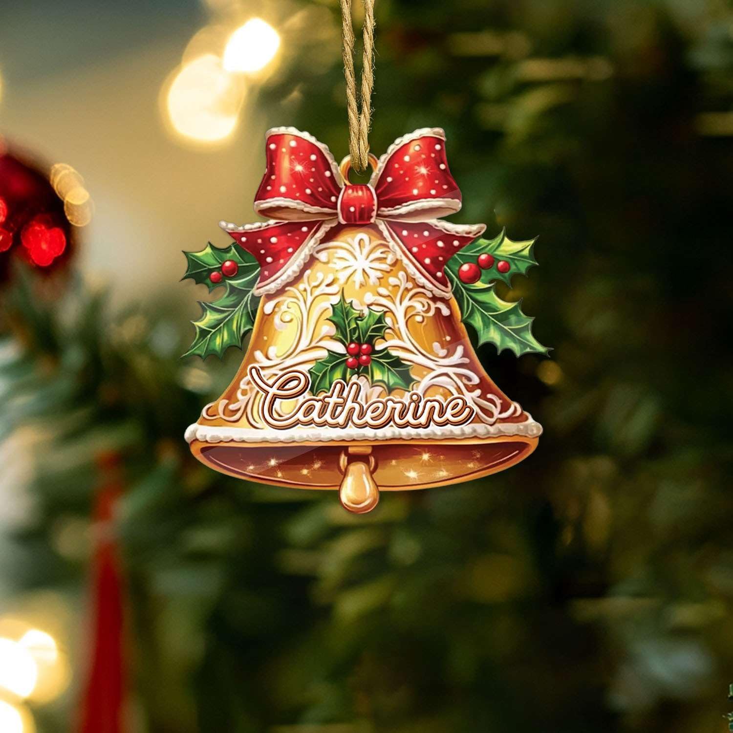 Personalized 2D Bell And Red Bow Christmas Ornament