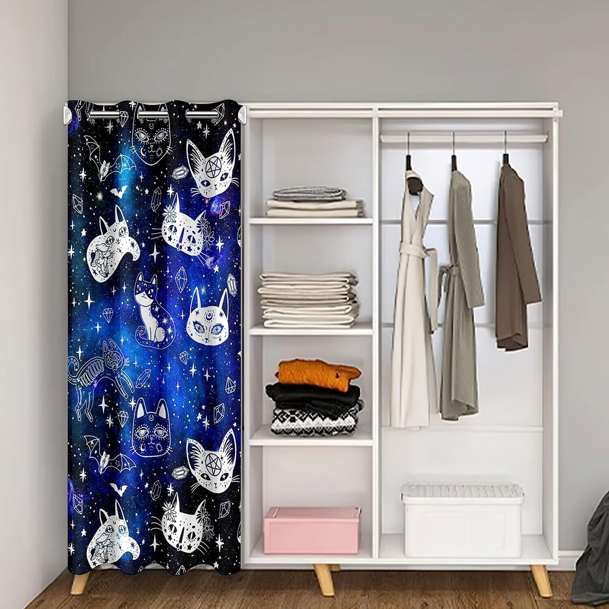 Gothic Cat Skull Door Curtain 34x80 Blue Galaxy Starry