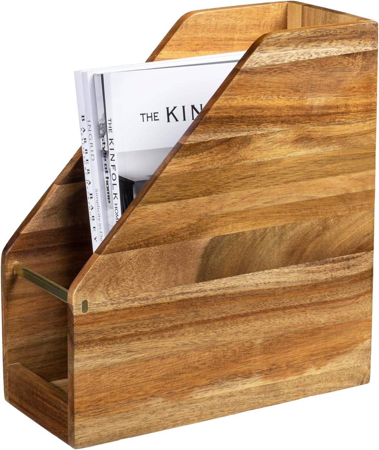 MyGift Premium Hotel Series Acacia Wood Magazine Holder with Brass Tone Metal Accent