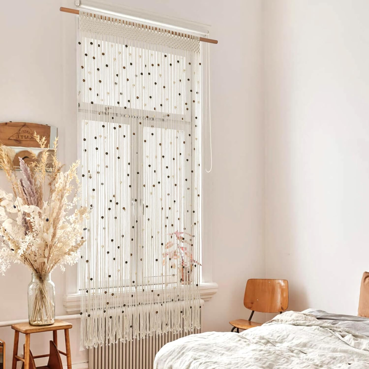 BECHAEO Boho Cotton Macrame Beaded Curtain 2 Panels 79x35
