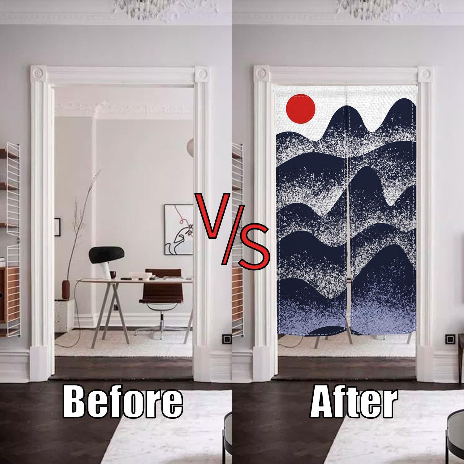 Traditional Japanese Noren Door Curtain with Sunset Mountain Design