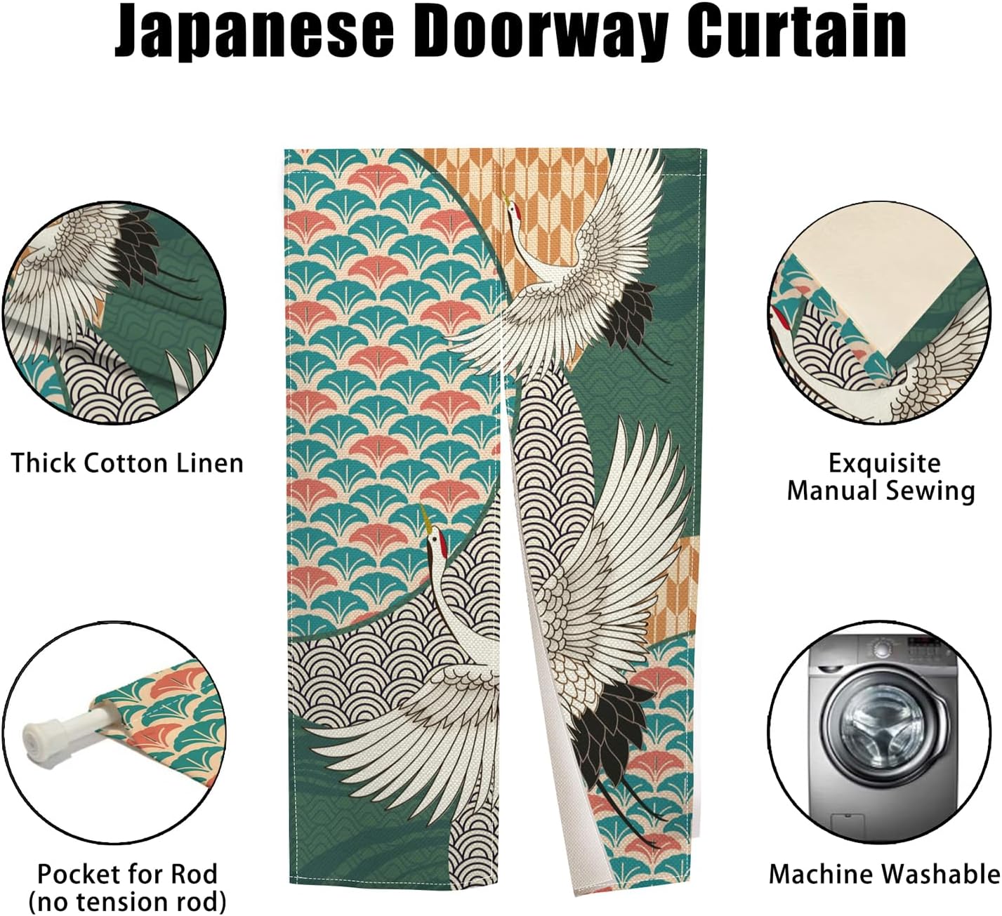 Green Cranes Noren Doorway Curtain Privacy Panel