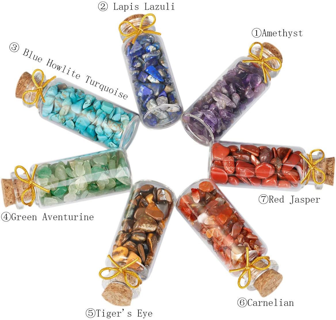 7pcs Mini Glass Wishing Bottles Healing Stones Set