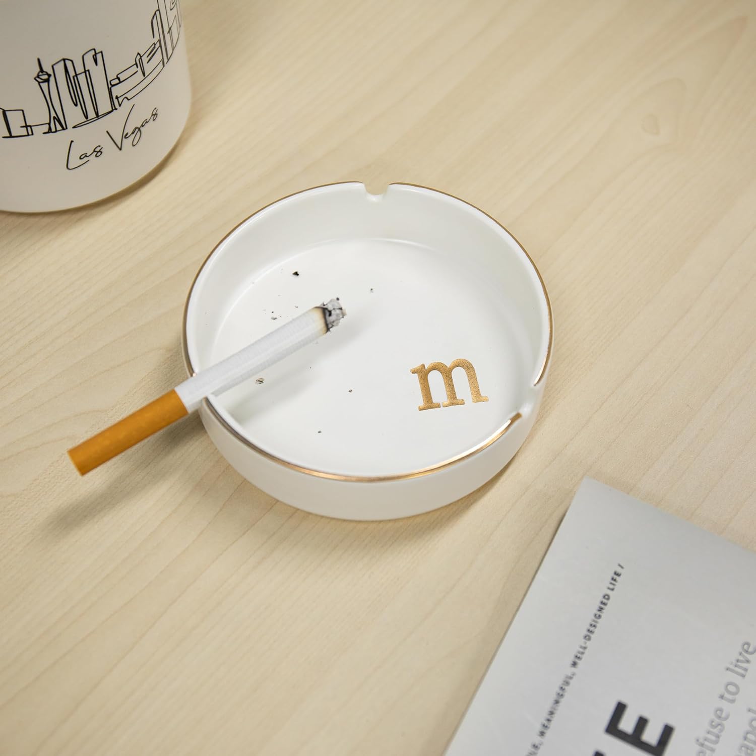 Luxurious Ceramic Ashtray with Gold Edging and Embossed Lettering