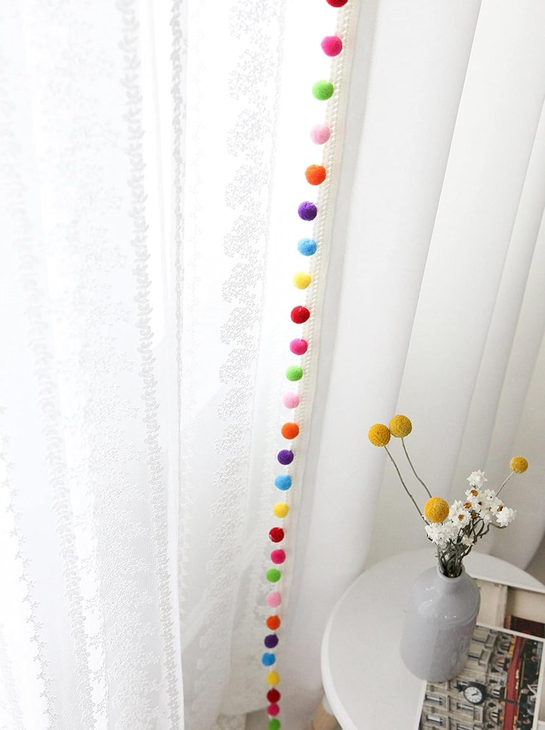INDACORIFY White Cotton Curtains with Pom Pom Tassels Set of 2