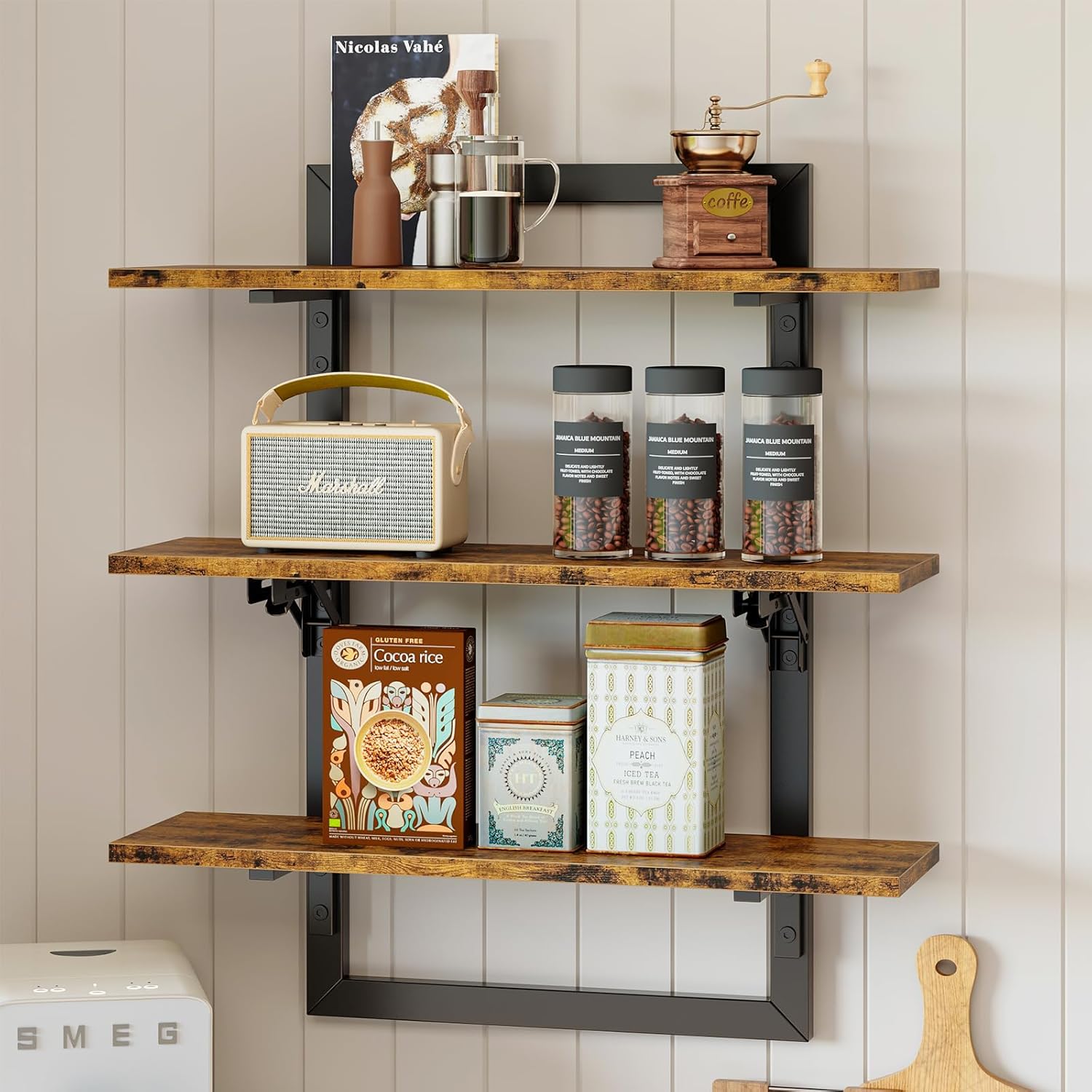 Bestier Floating Wall Shelves 3 Tier Foldable Industrial Brown