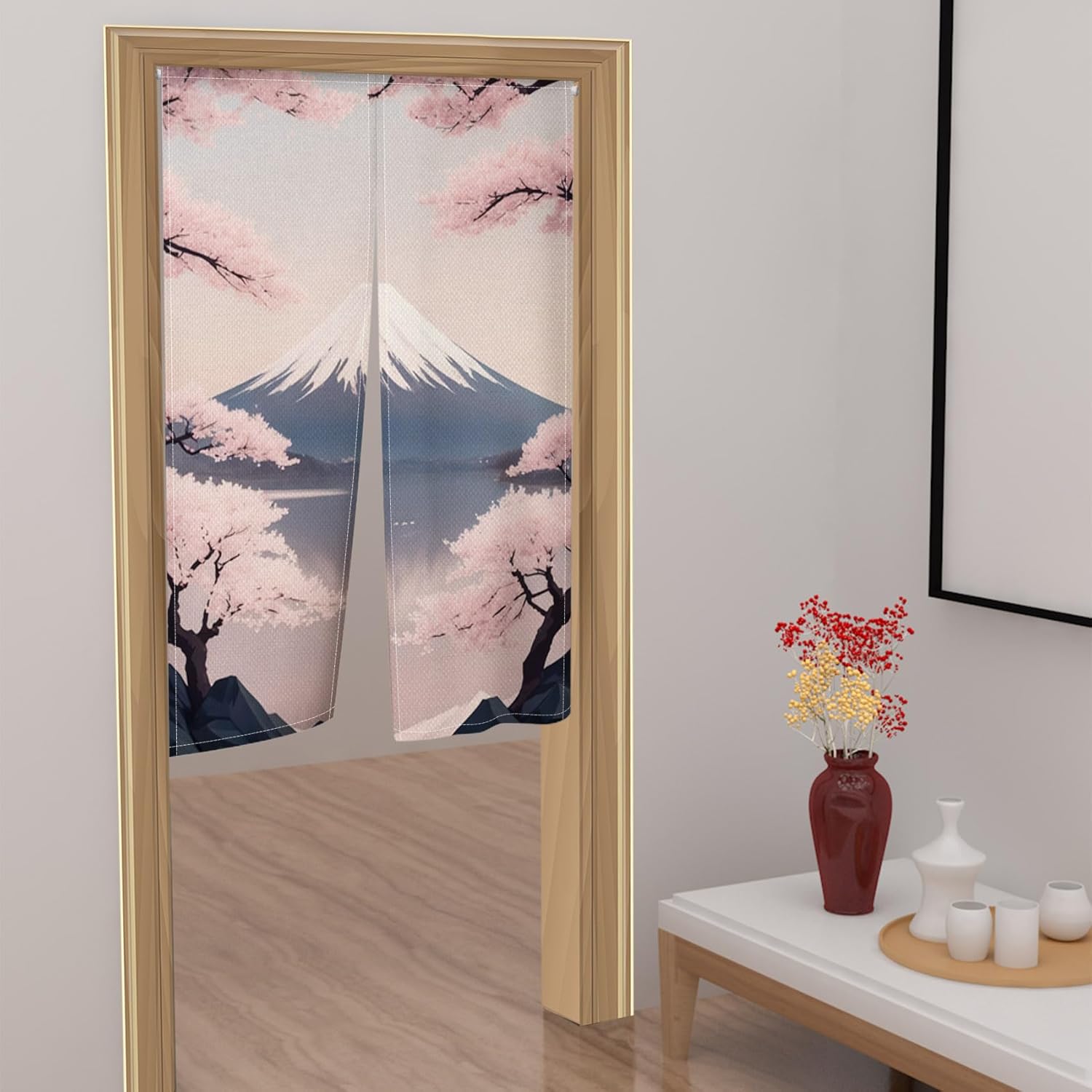 Leowefowa Japanese Noren Door Curtain Panel Fuji Mountain Pink