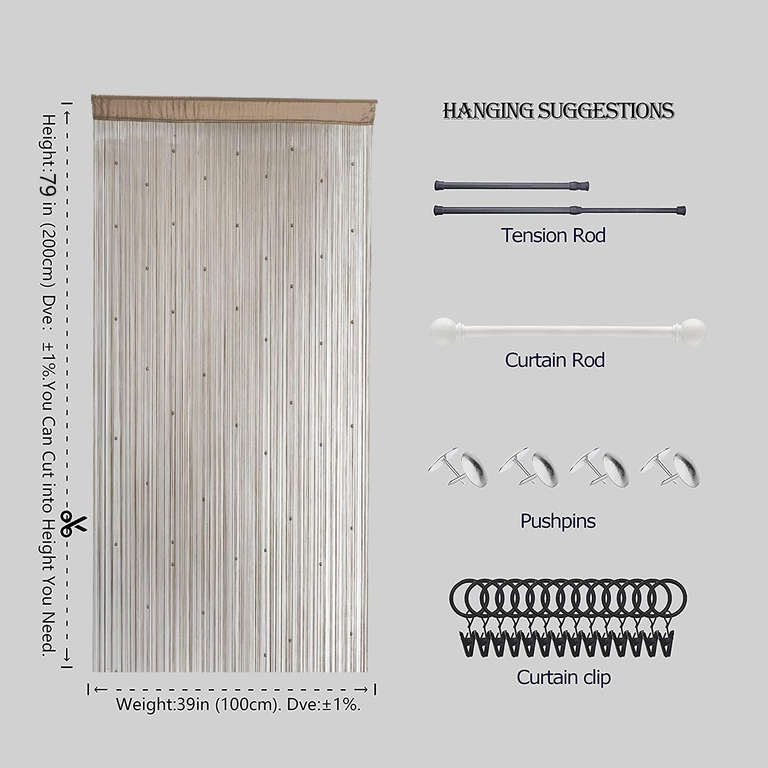 Beaded Curtain with Telescopic Rod for Privacy and Decor