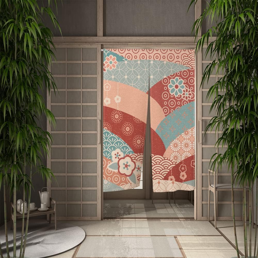 Leowefowa Traditional Japanese Noren Curtain Flowers Pattern