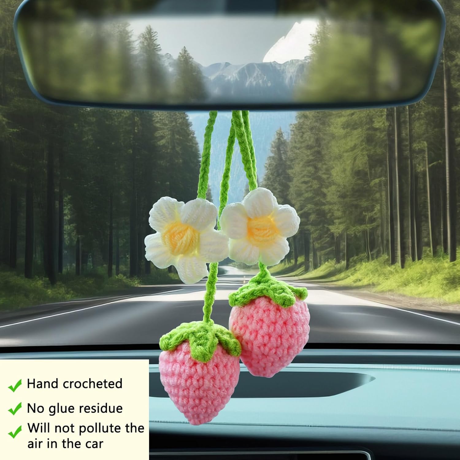 LB 2PCS Crochet Strawberry Flower Car Hanging Ornament