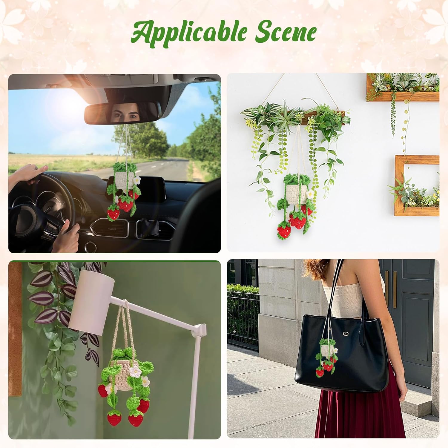 Handmade Crochet Strawberry Car Mirror Charm