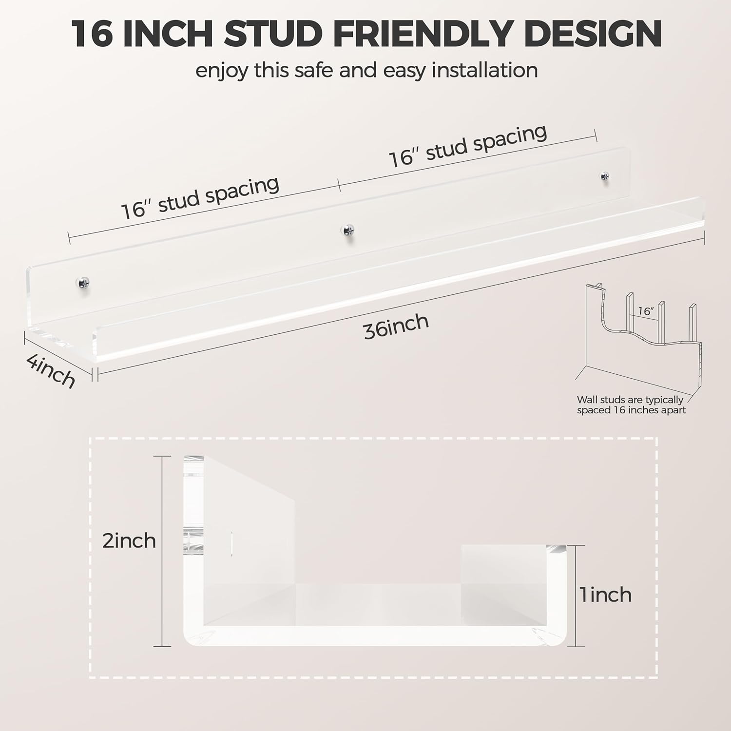 HBlife 36 Inch Clear Acrylic Floating Shelves 2 Pack