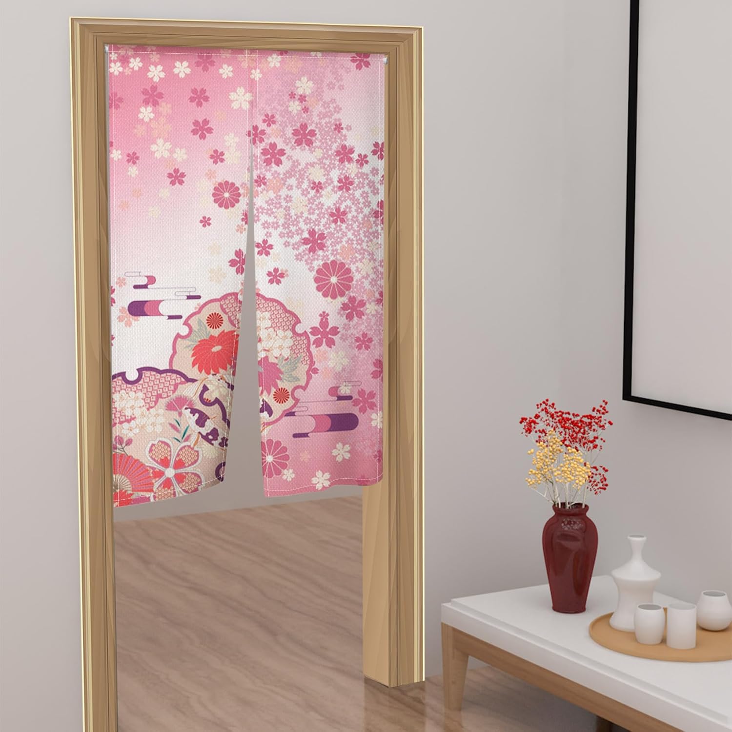 Japanese Pink Bloomy Flower Door Curtain Panel