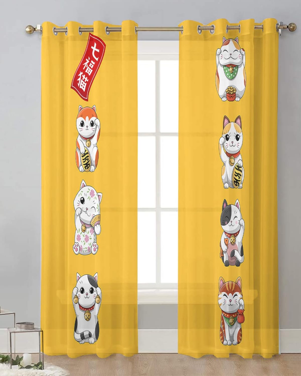 Falaniique Lucky-Cats Sheer Curtains 84 Inch Length 2 Panels Set