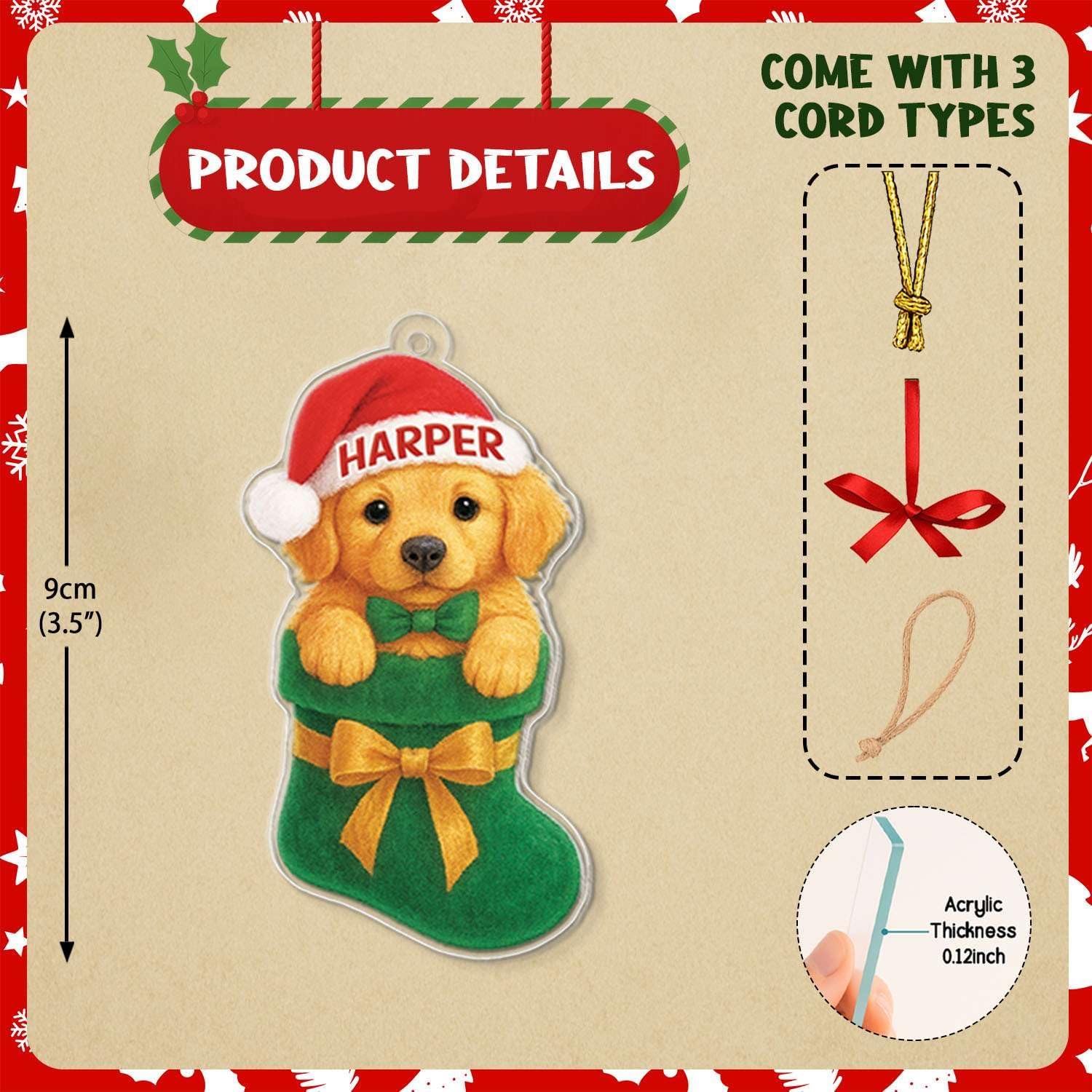 Custom Name Golden Retriever Hanging Ornament for Christmas Tree