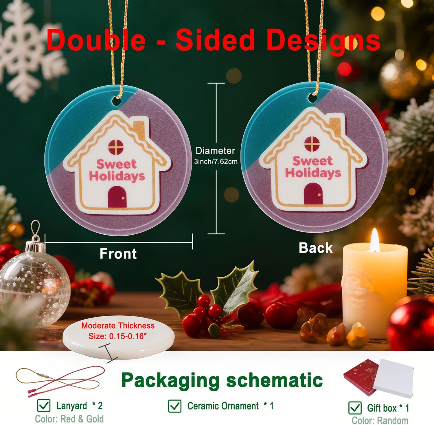 Sweet Holidays Round Ceramic Ornament with Double Sided Design
