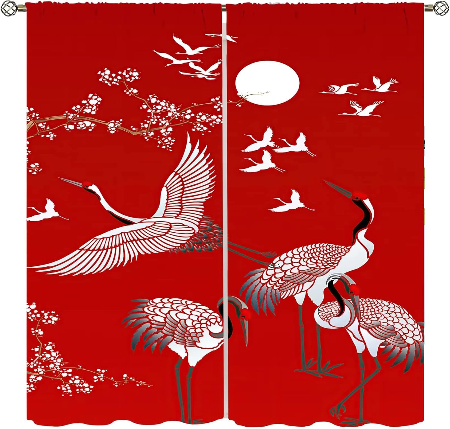 Japanese Style Blackout Curtains with Crane Print