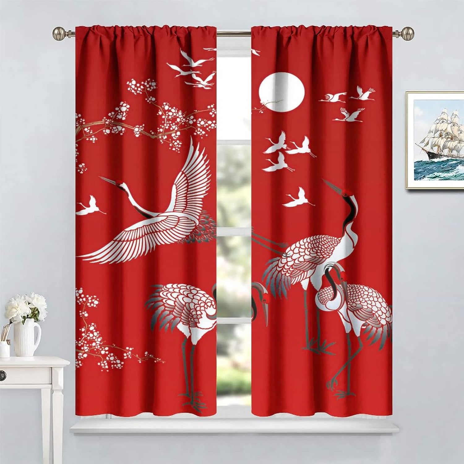 Japanese Style Blackout Curtains with Crane Print