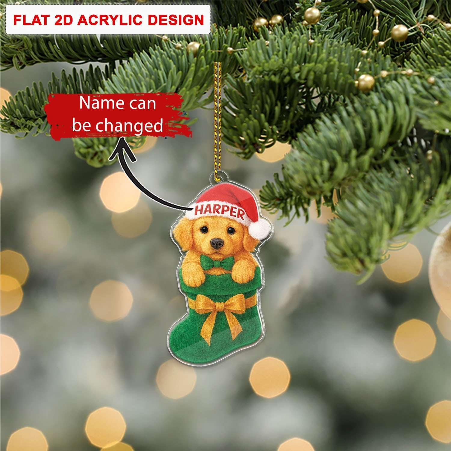 Custom Name Golden Retriever Hanging Ornament for Christmas Tree