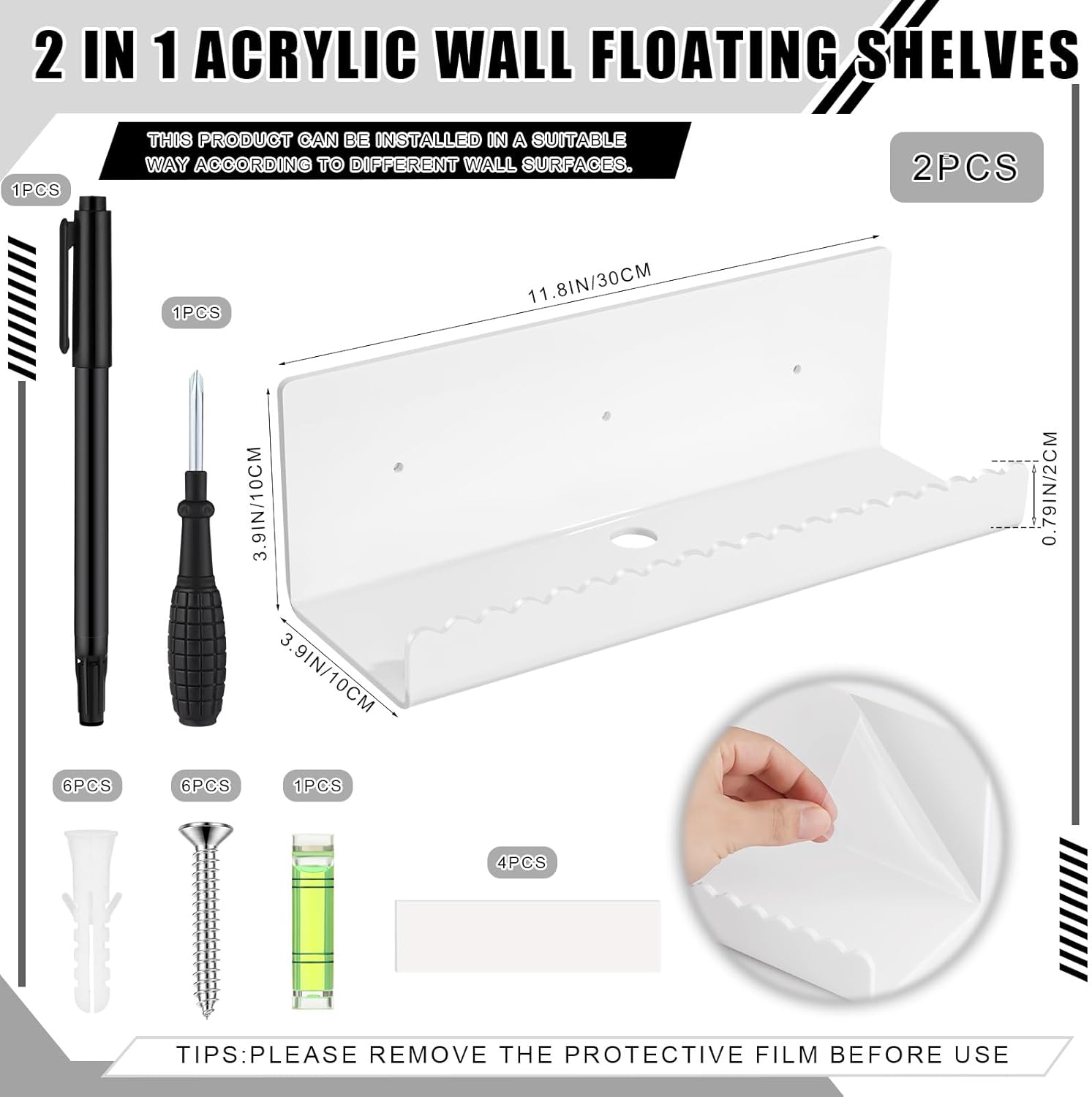 Zioffiel 2 Pack White Acrylic Floating Shelves 118 Wall Organizer