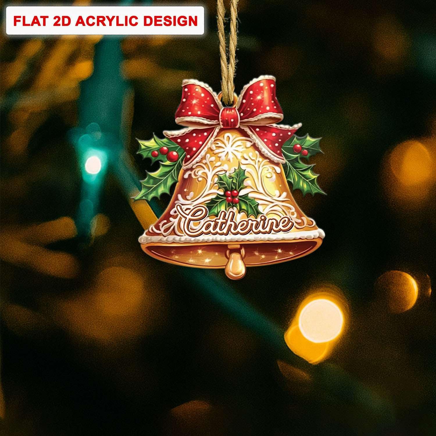 Personalized 2D Bell And Red Bow Christmas Ornament