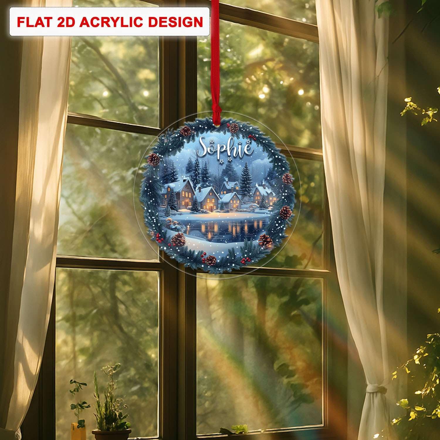 Custom Name Winter Village Scene Acrylic Ornament