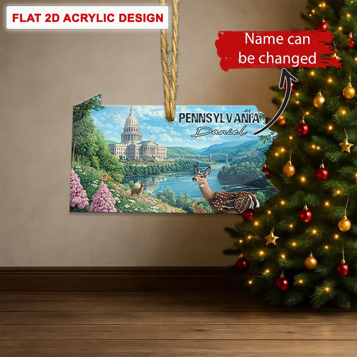 Custom Name Pennsylvania Christmas Tree Ornament