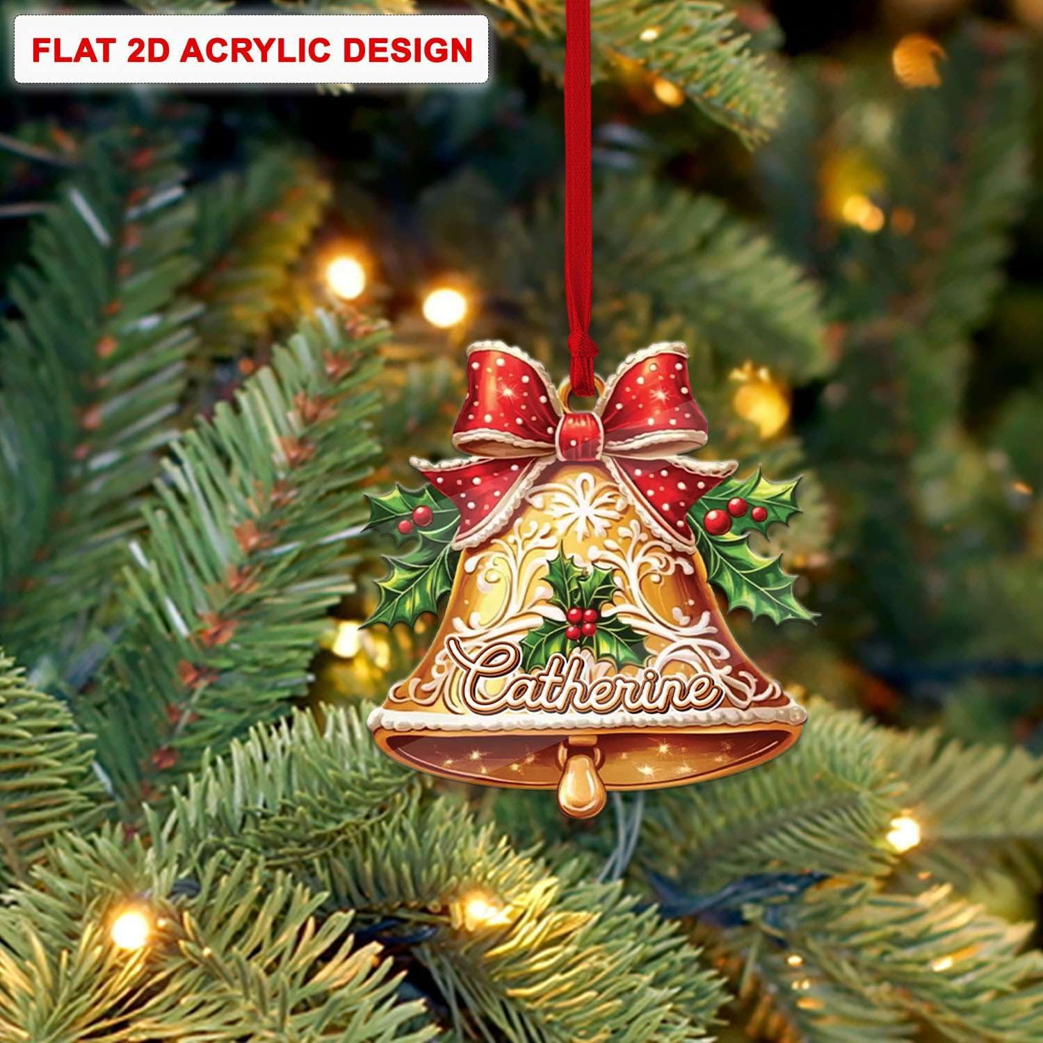 Personalized 2D Bell And Red Bow Christmas Ornament