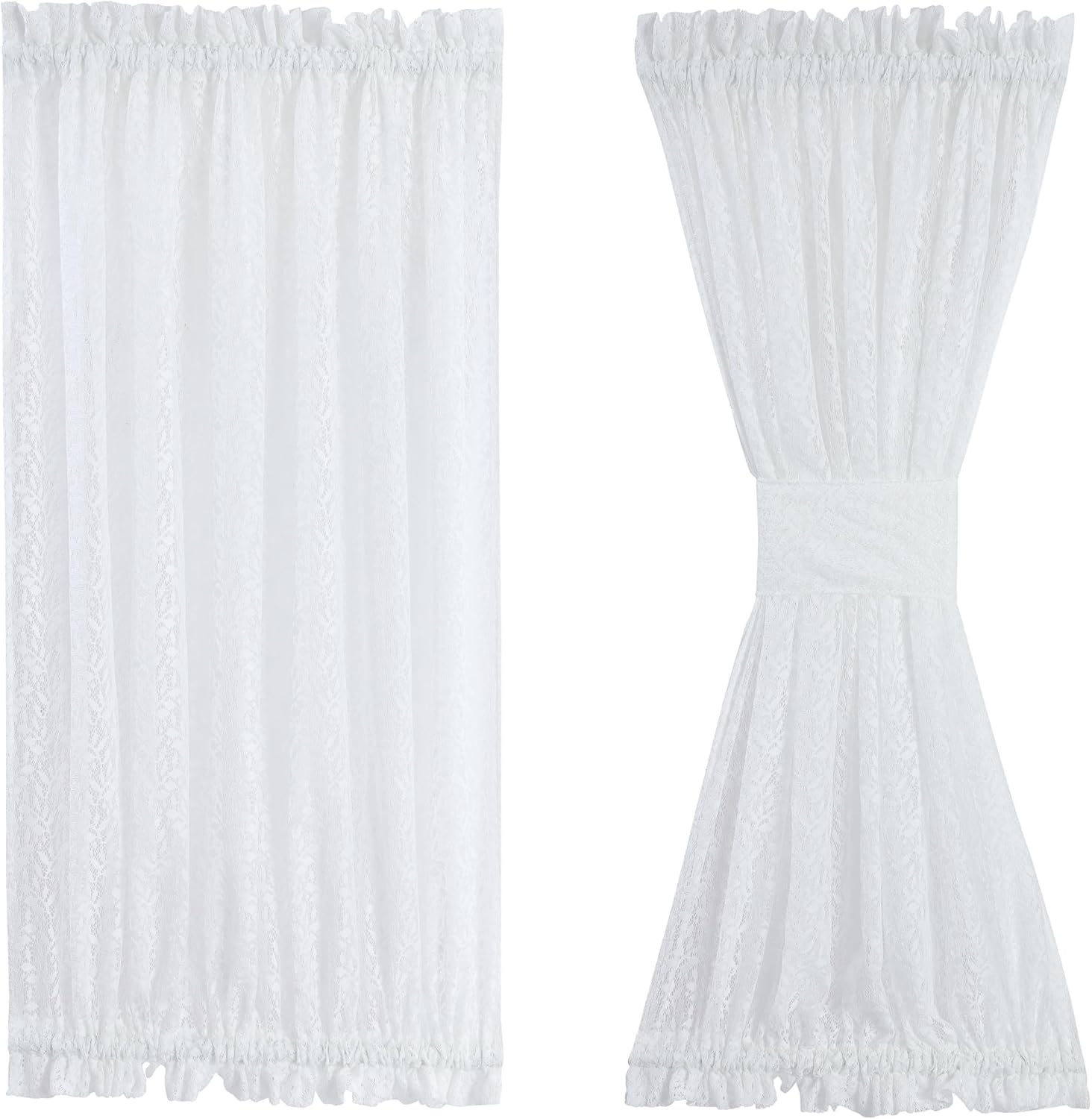 White Lace French Door Curtains with Tieback 52 x 72 Inch Panel
