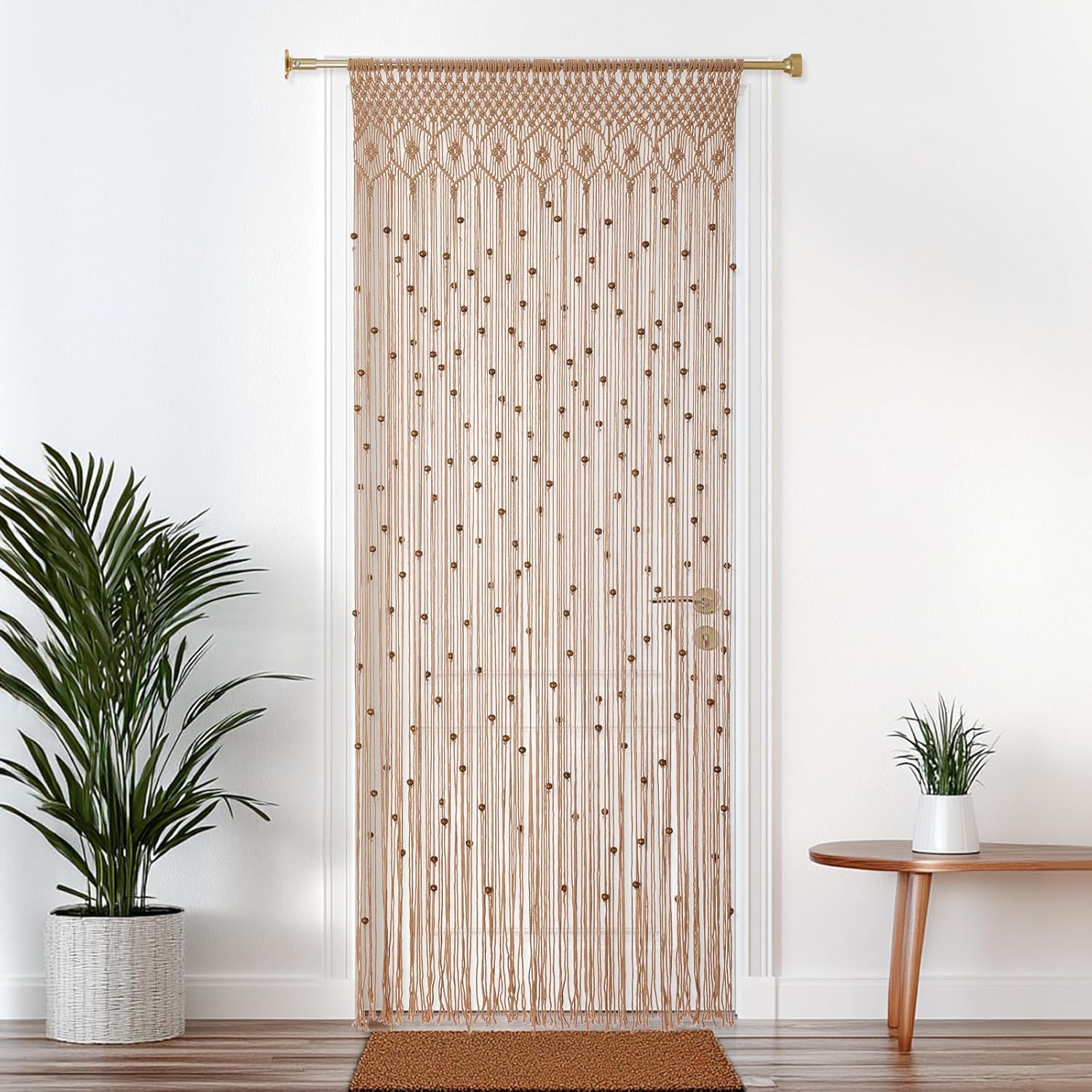 BECHAEO Boho Macrame Beaded Curtain with Wooden Beads Set of 2