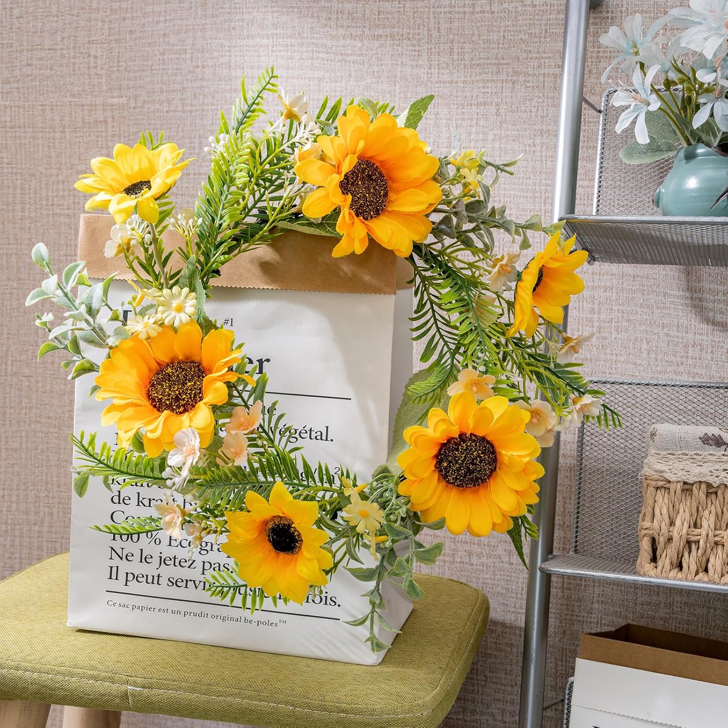 KHOYIME 13 Inch Sunflower Door Wreath All Season Decor
