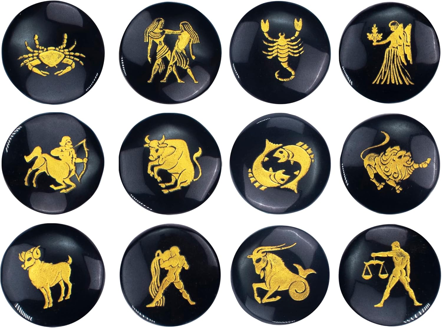 Crocon Black Agate Zodiac Symbols Stones Set of 12 for Reiki Healing