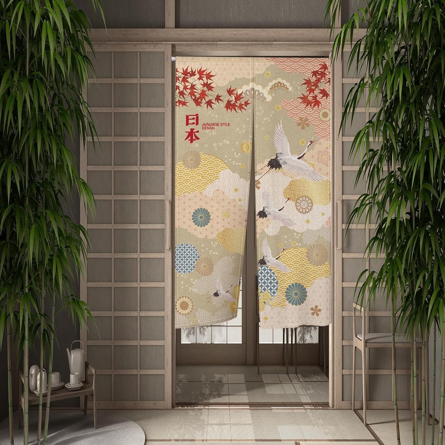 Leowefowa Japanese Noren Door Curtain Red Maple Leaf Design