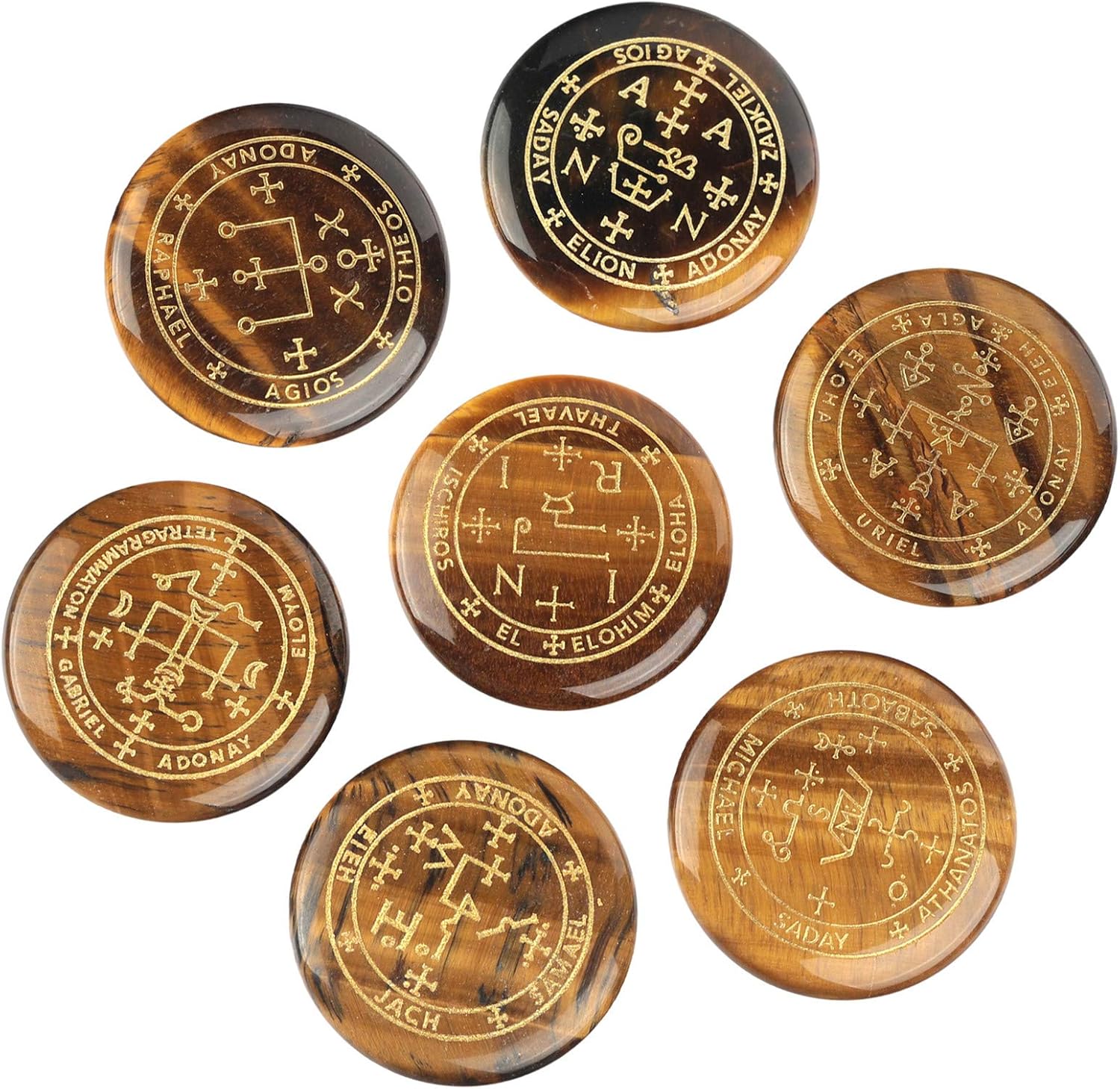 7 Piece Tigers Eye Stones Set with Magic Archangel Symbol