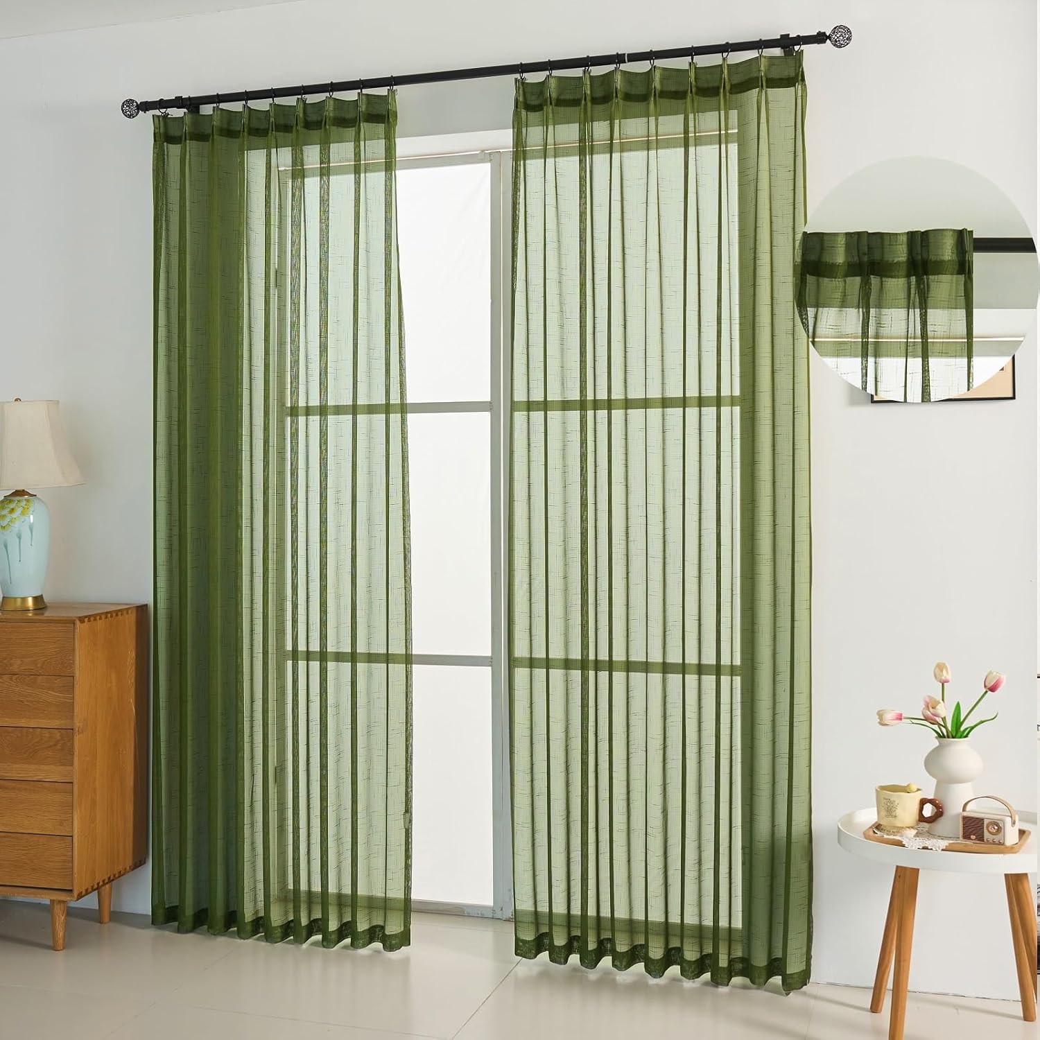 Olive Green Sheer Curtains 84 Inches 2 Panels