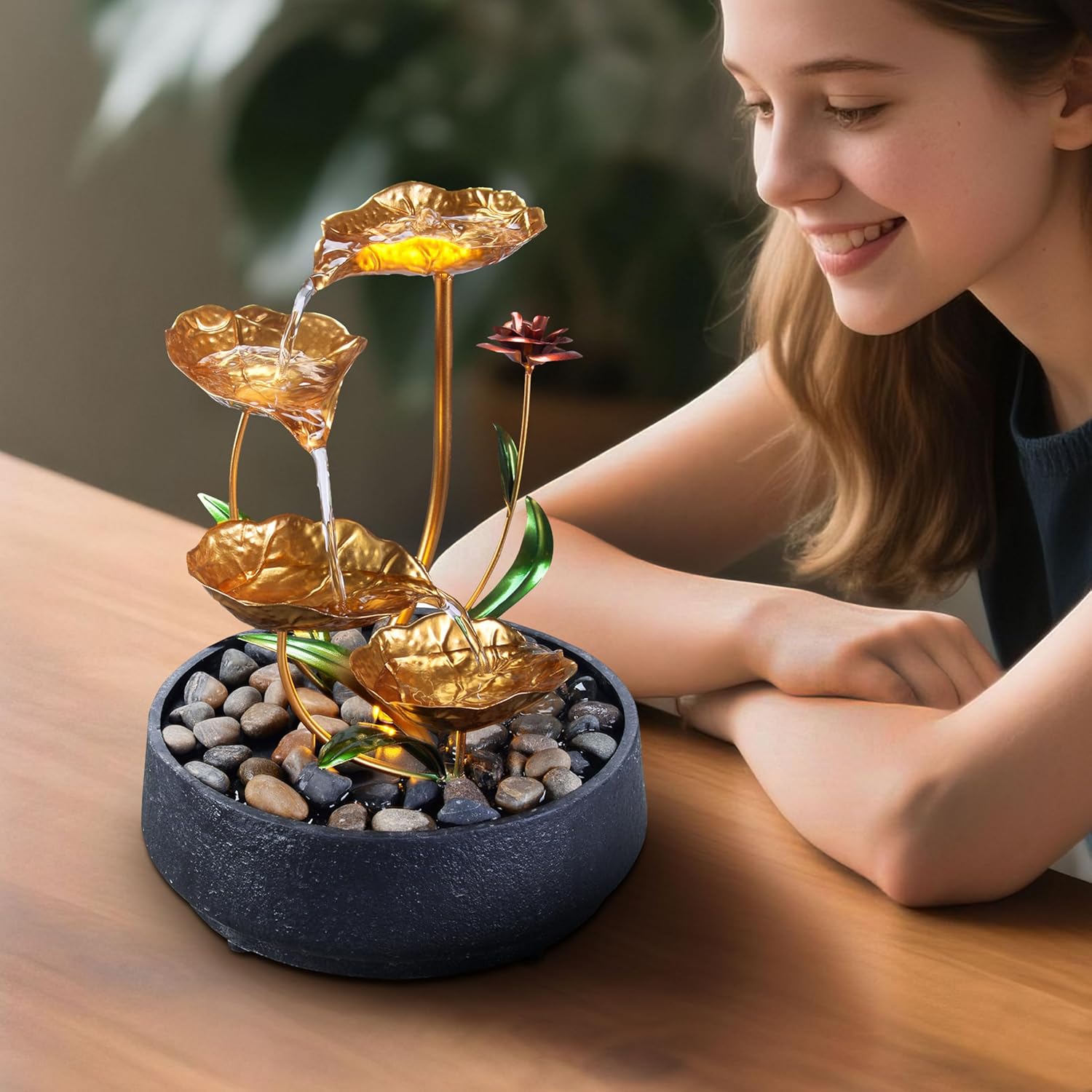 Metal Lotus Circulating Tabletop Fountain for Zen Home Decor