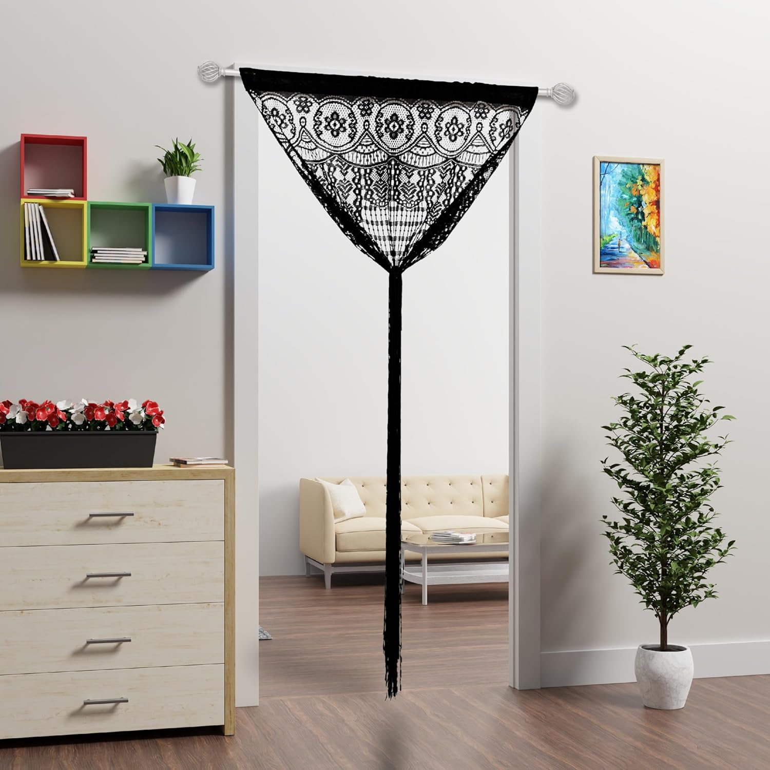 Lace Door String Curtain Black 39x79in