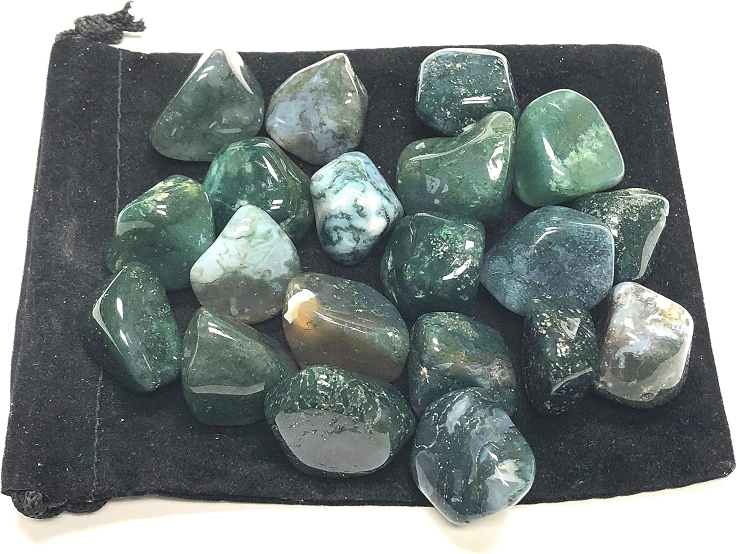 Tumbled Green Moss Agate Stones - 1 Inch in Velvet Bag