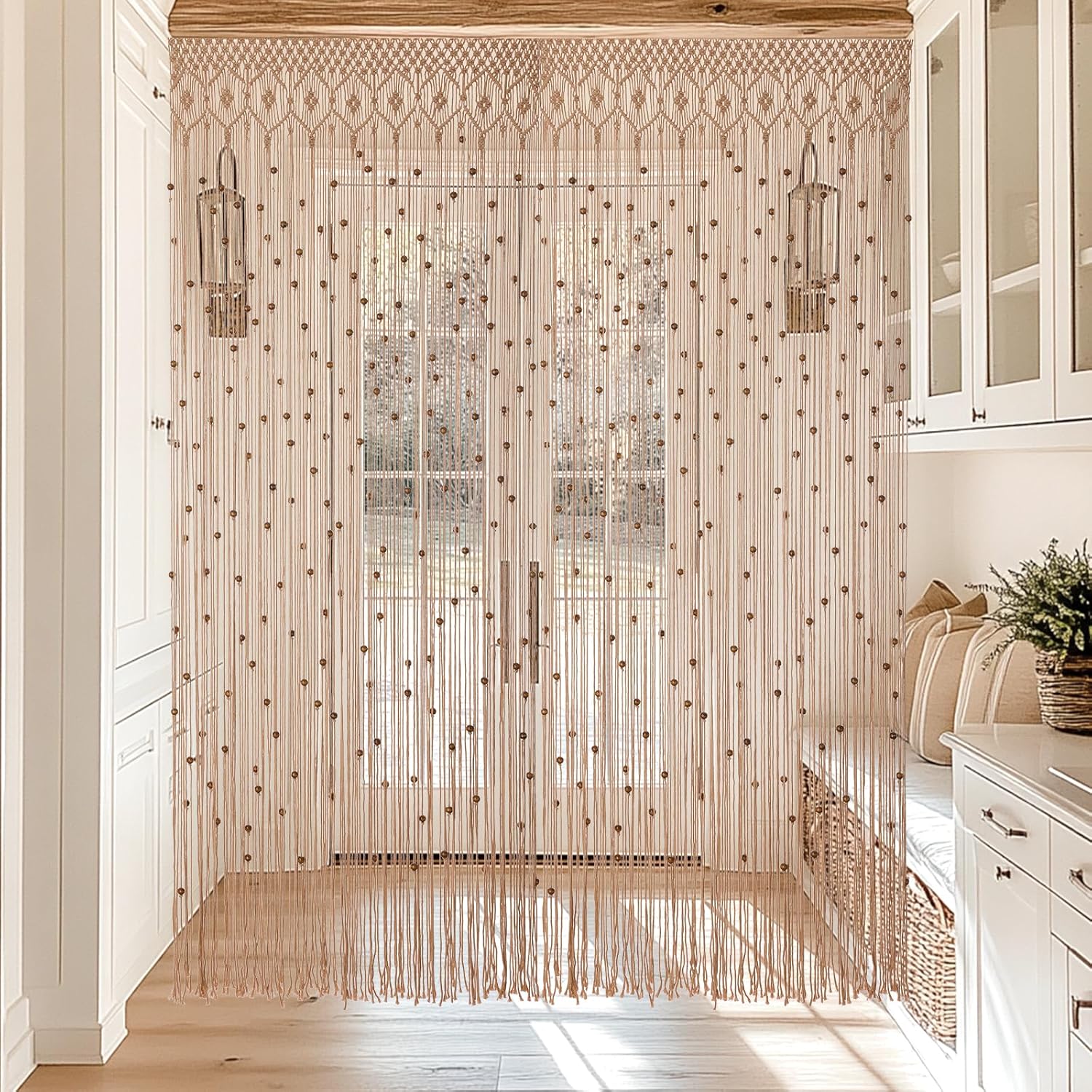 BECHAEO Boho Macrame Beaded Curtain with Wooden Beads Set of 2