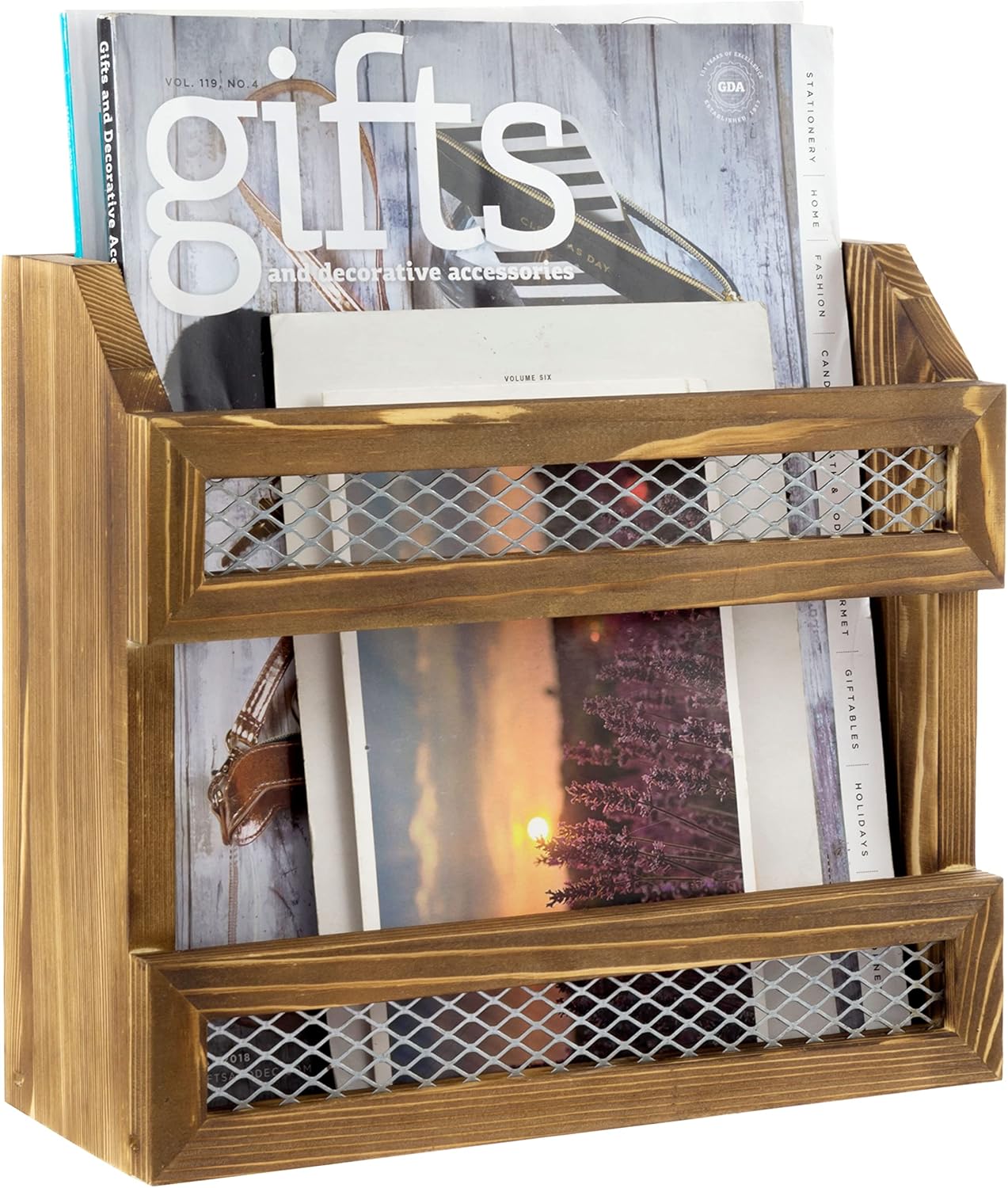 MyGift Rustic Burnt Wood Magazine Holder with Chicken Wire Rail