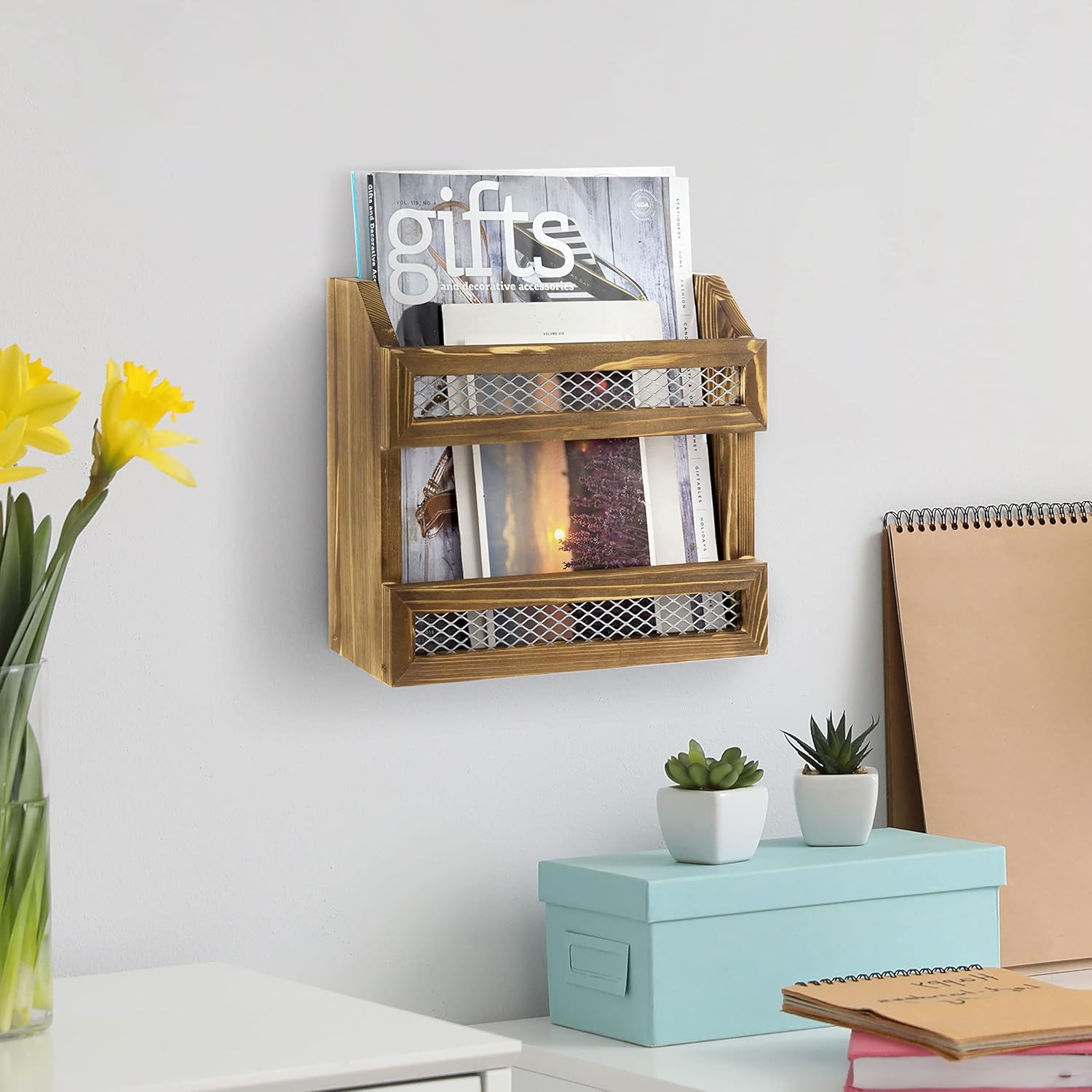 MyGift Rustic Burnt Wood Magazine Holder with Chicken Wire Rail