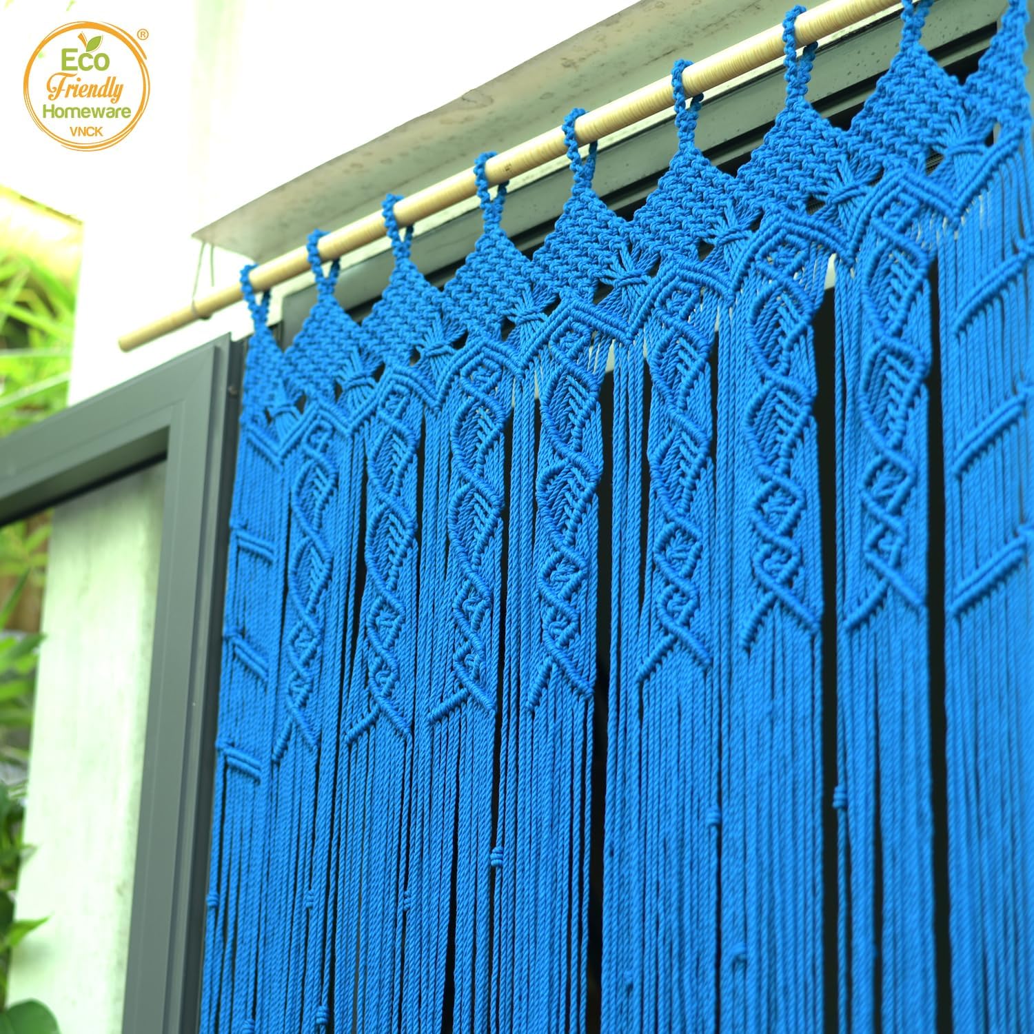 Boho Macrame Curtain with Beads - 77 x 35 Blue