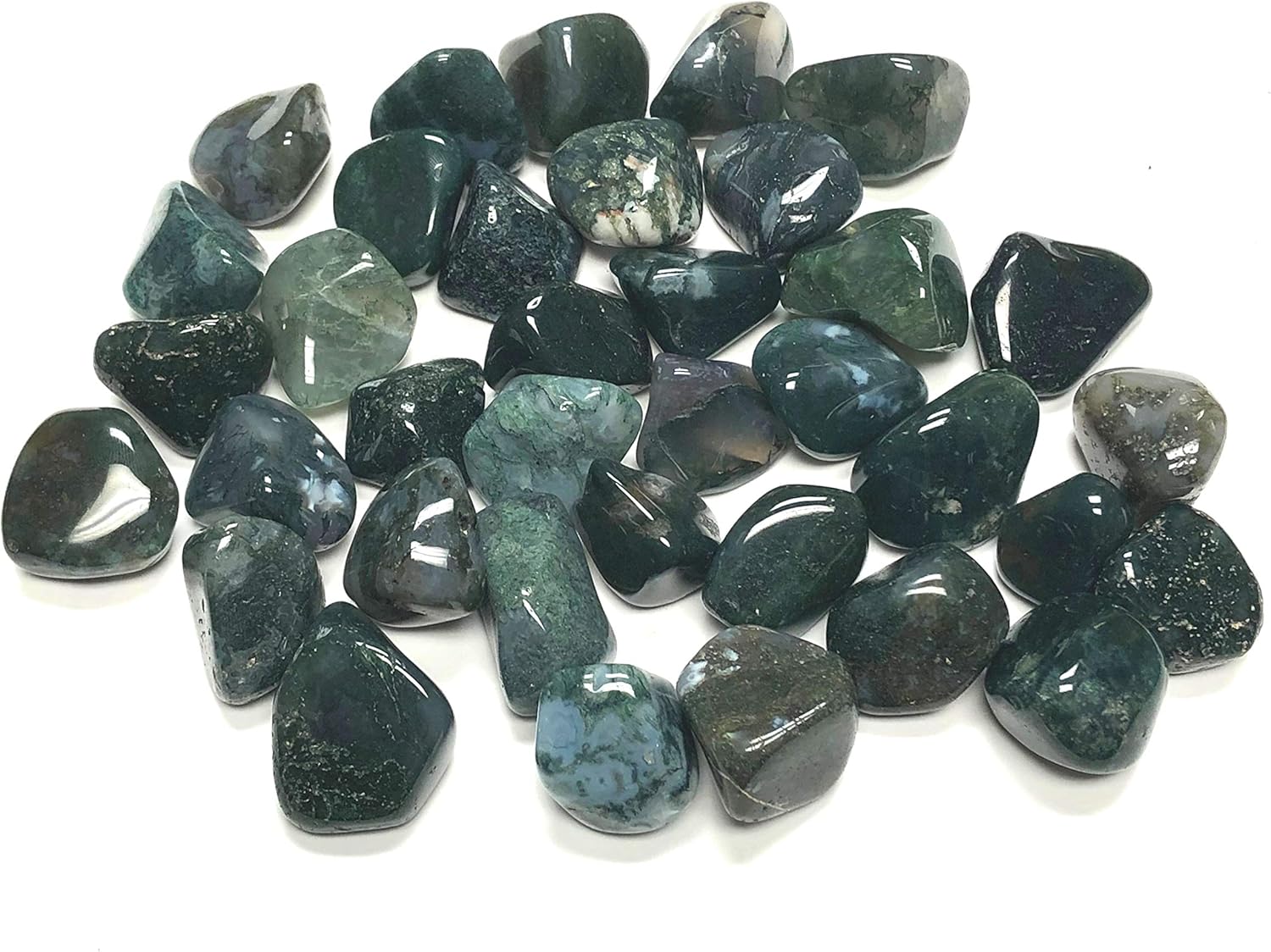 Tumbled Green Moss Agate Stones - 1 Inch in Velvet Bag