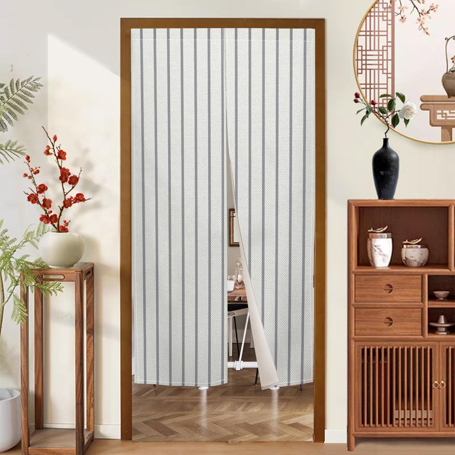 Japanese Style Noren Door Curtain with White Black Stripe