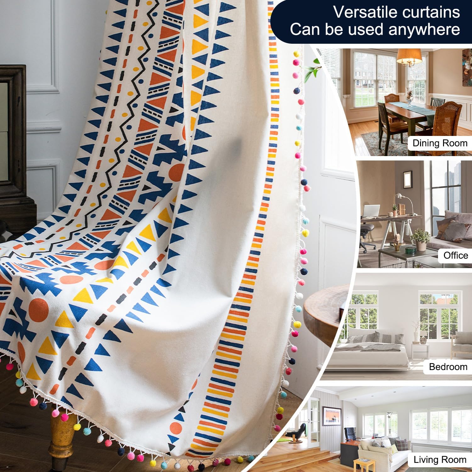 VOGOL Boho Curtains 28x84 Geometric Pattern Rod Pocket Drapes