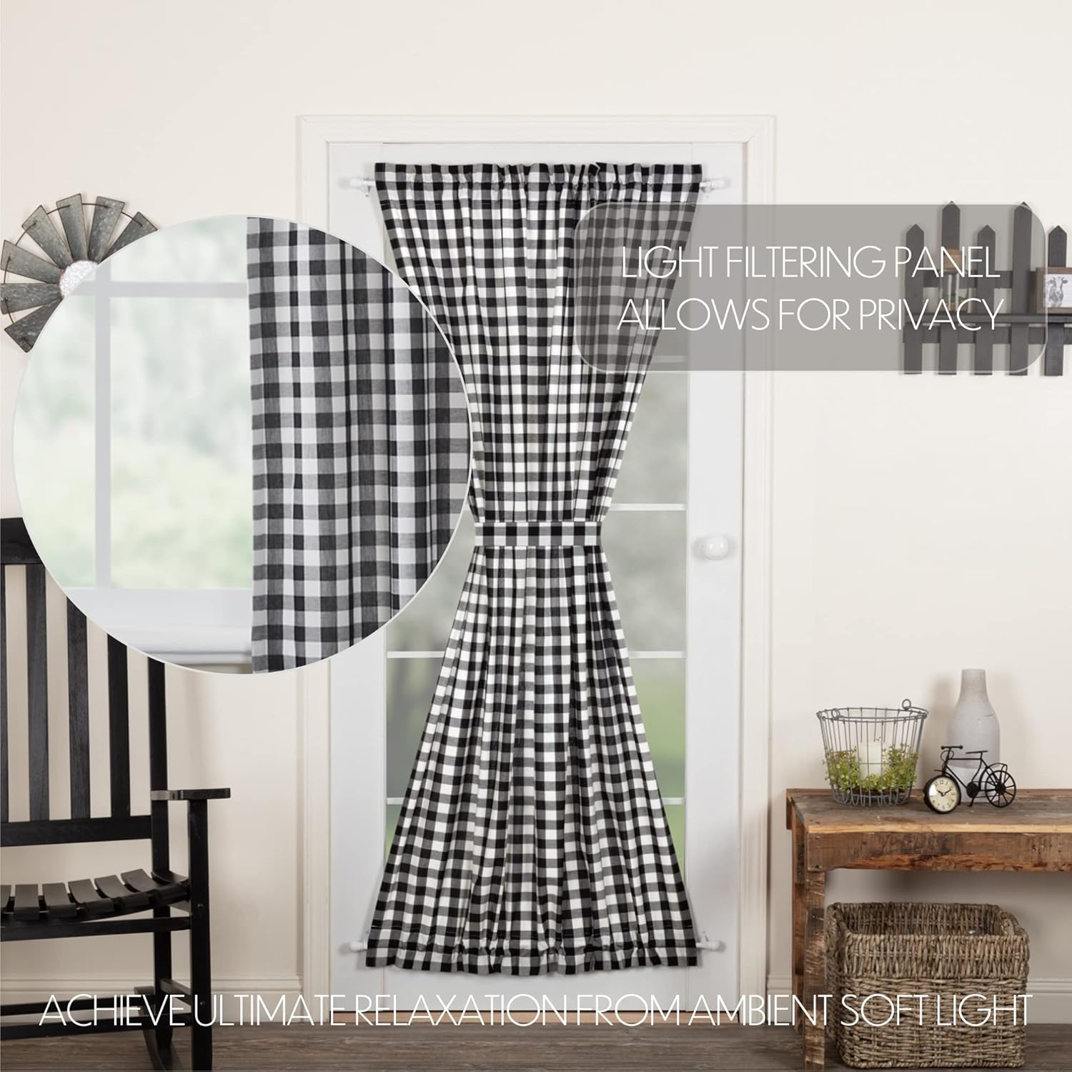 VHC Brands Annie Buffalo Check Curtain Door Panel 72x40 Black
