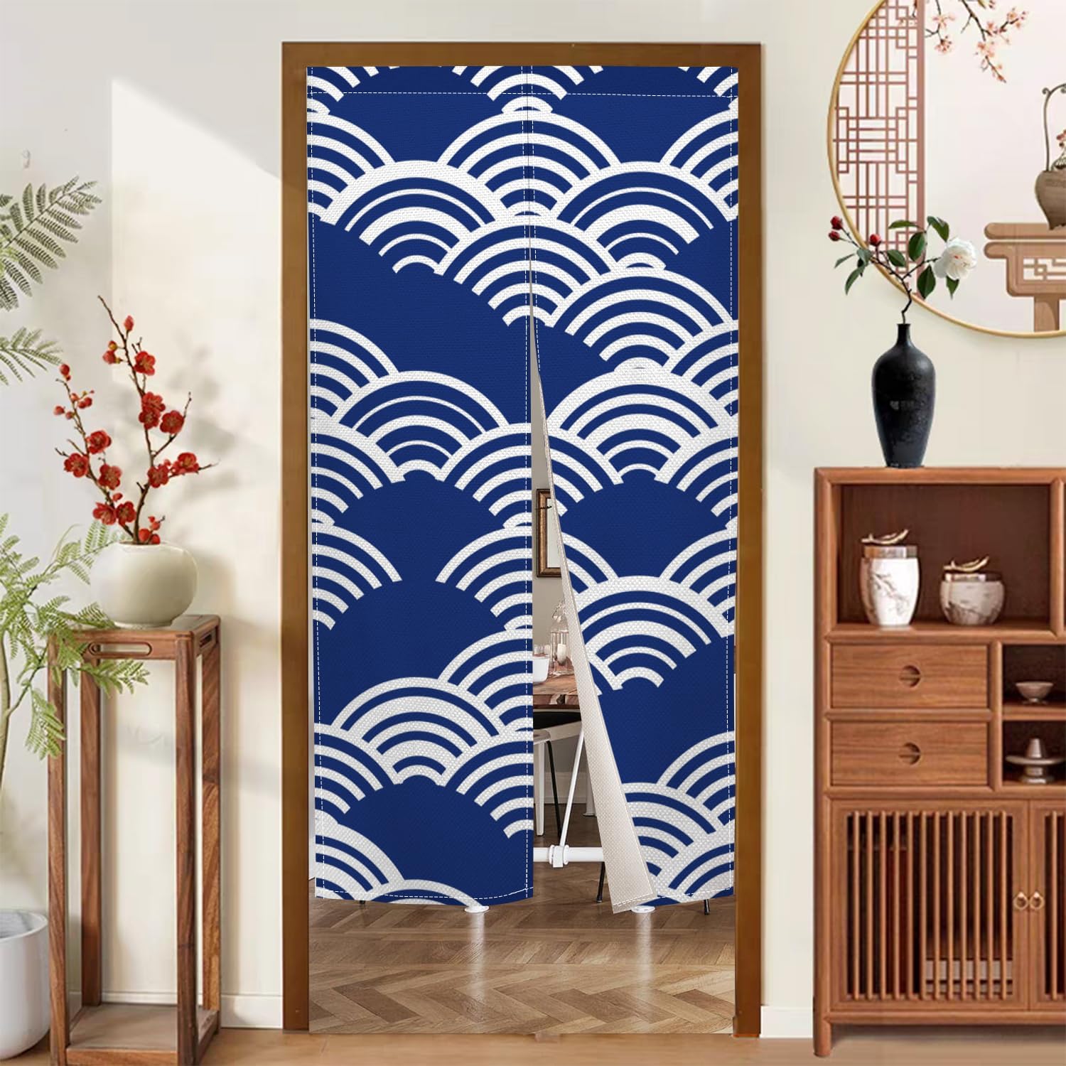 Japanese Modern Noren Door Curtain Wave Pattern Blue 335x709