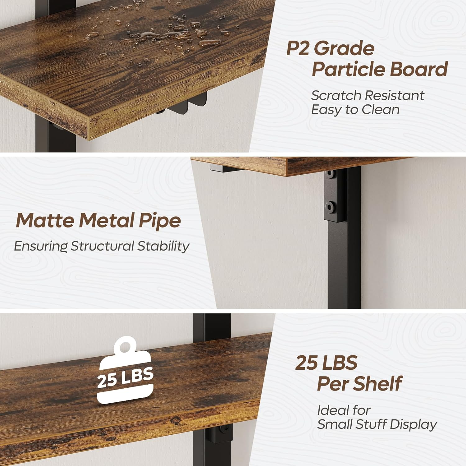 Bestier Floating Wall Shelves 3 Tier Foldable Industrial Brown