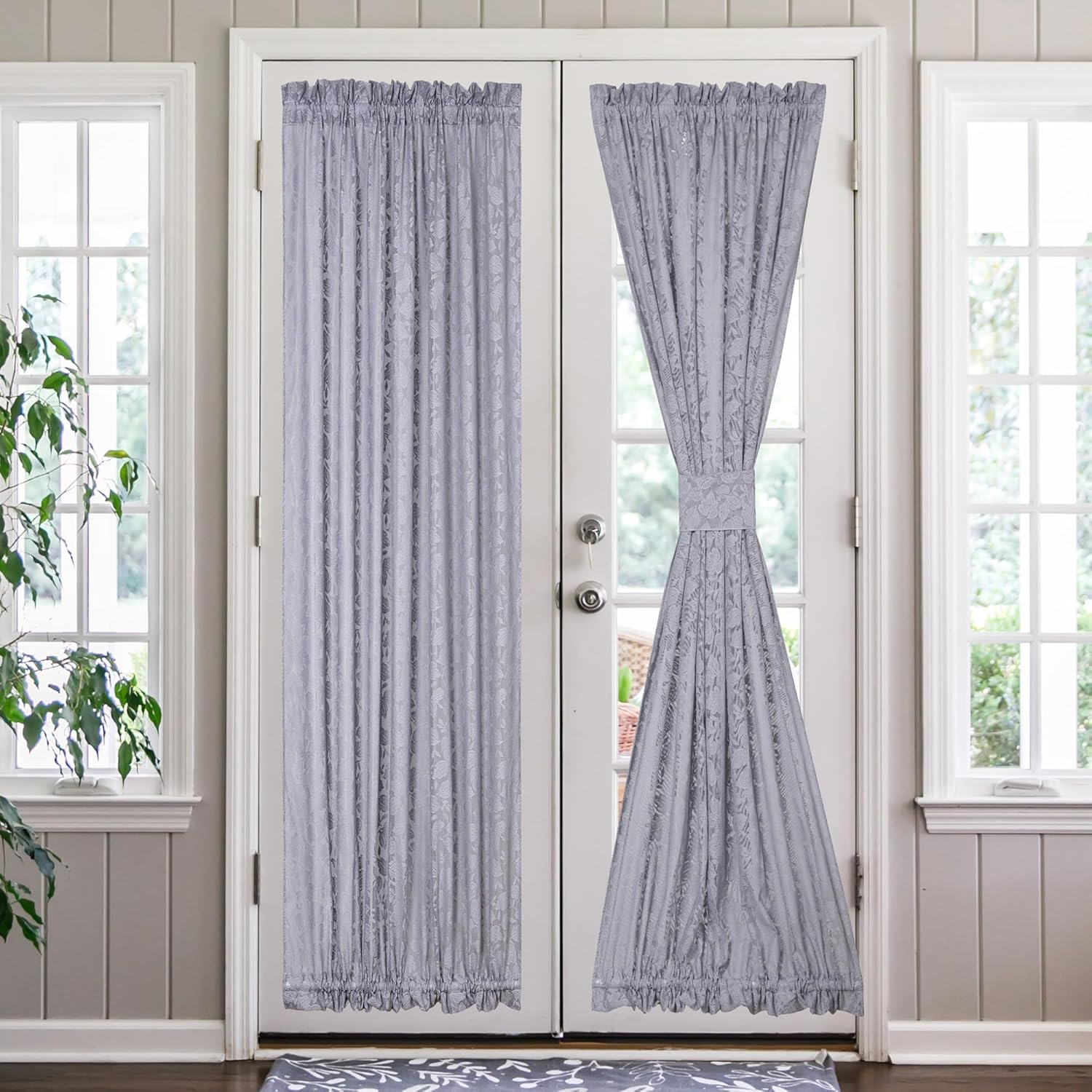 Grey Leaf Lace French Door Curtains 72 2 Pack